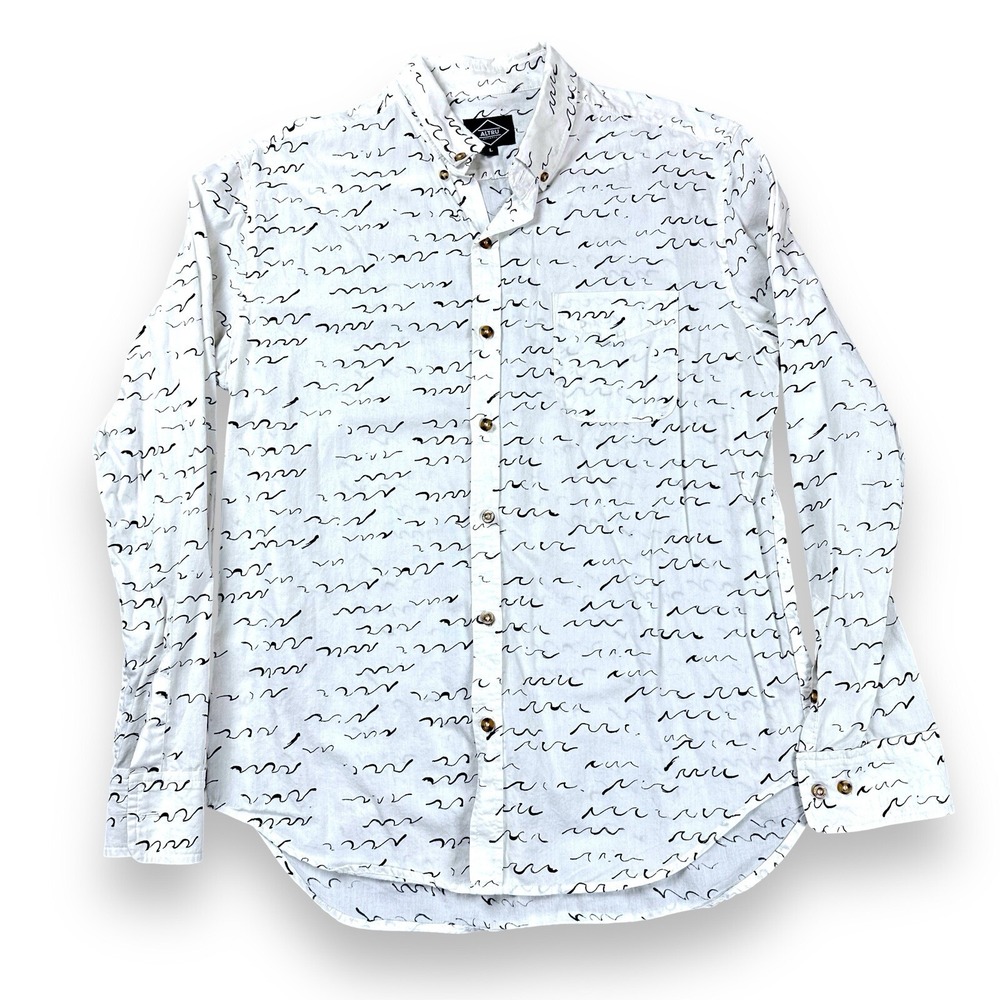 Altru Men's Dress Shirt‎ Large White Black Waves Long Sleeve Button Down